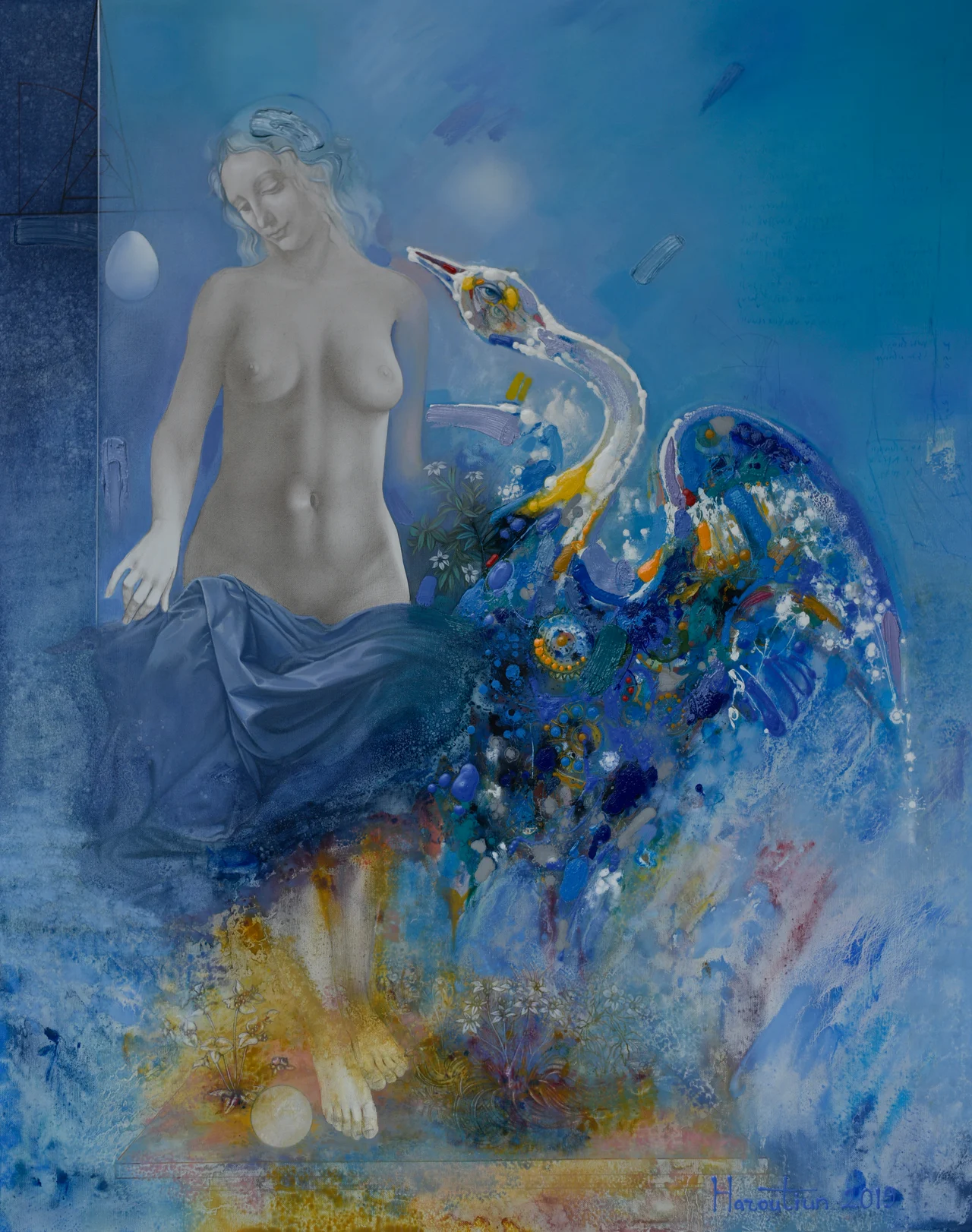 Leonardo #2, Leda, oil on canvas, ago d'argento